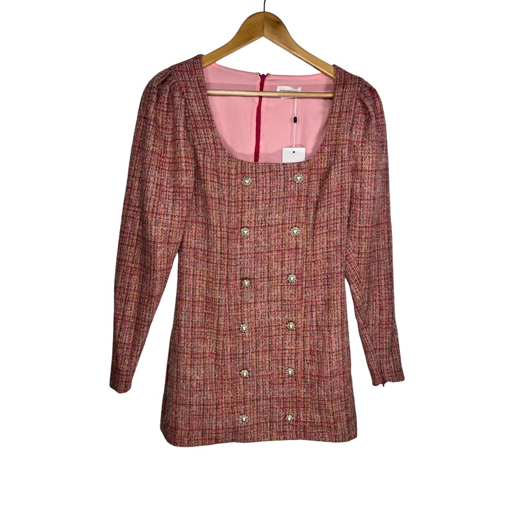 Lovers and Friends Tweed Mini Dress S Pink Pearl Button Metallic Long Sleeve NWT